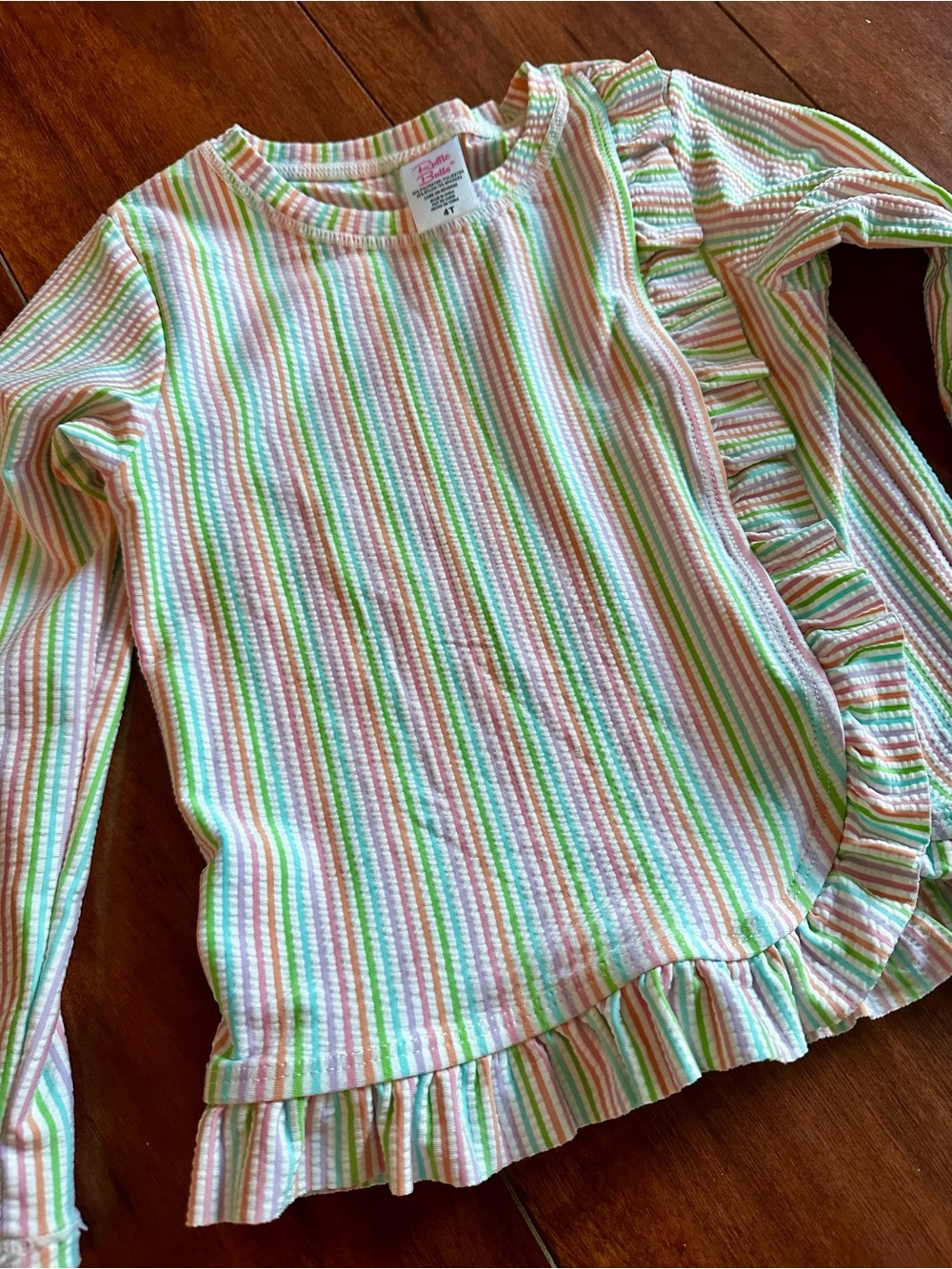 Girls' Rashguard Long Sleeve Ruffle Hem Top Seersucker stripes Rufflebutts